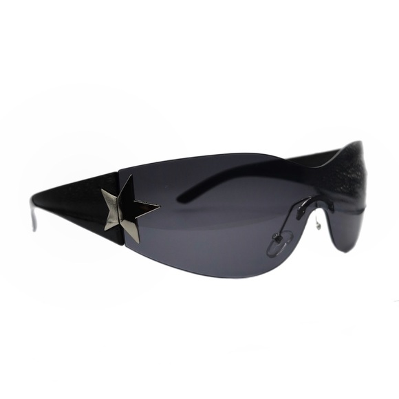 Y2K Wrap Oversized Sunglasses Black Star - Picture 1 of 12